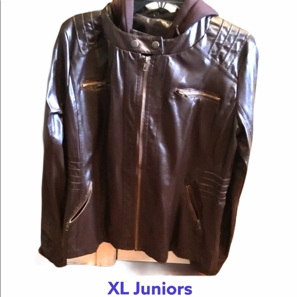 Jackets & Blazers - Junior brown leather like jacket with hoodie